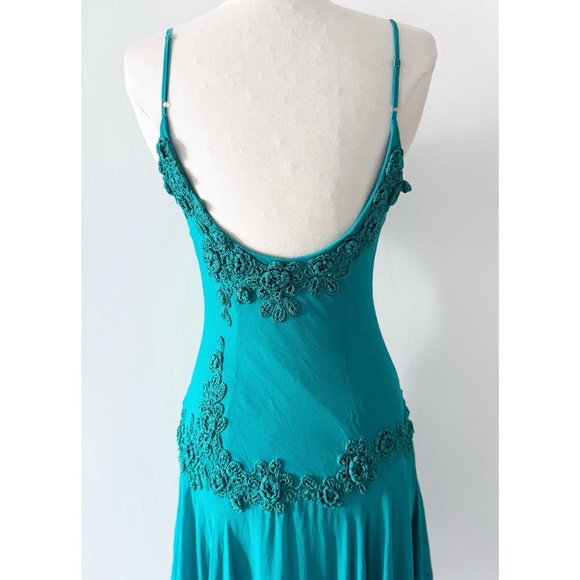 Vintage Y2K Teal Turquoise Crochet Floral Backless Short Silk Dress Fairy Whimsy - Picture 6 of 8